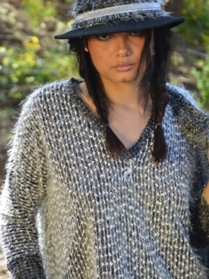 Pull Mousse poils chiné noir blanc