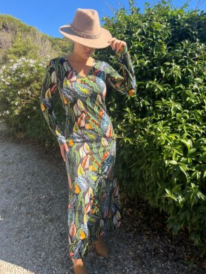 Robe longue Chris paresseux noir imprimé